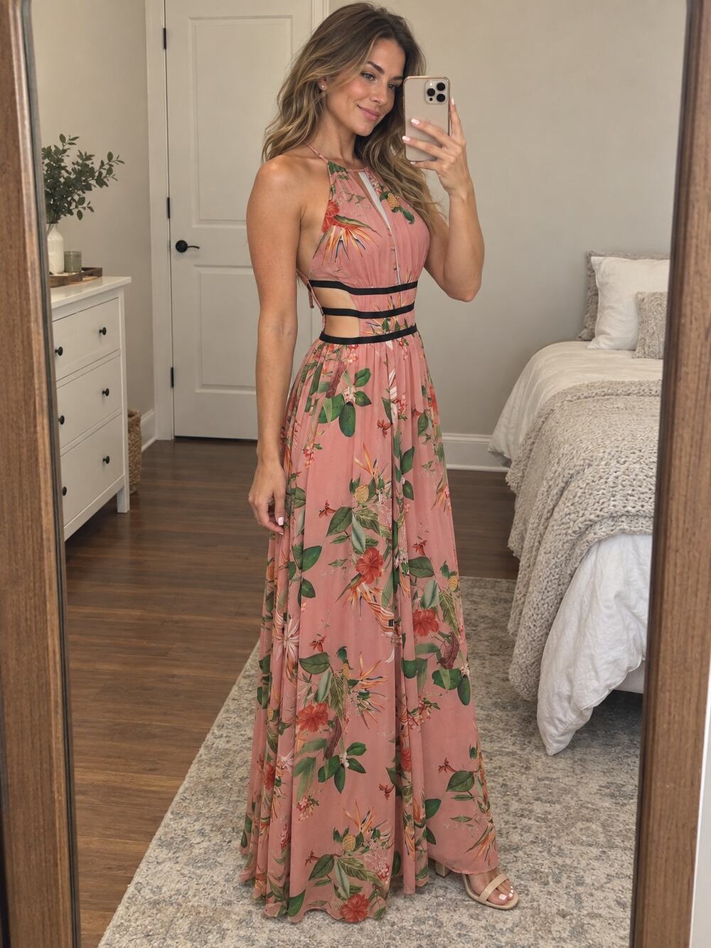 Express Tropical Floral Halter Maxi Dress Women's Small Coral Pink Cutout Back